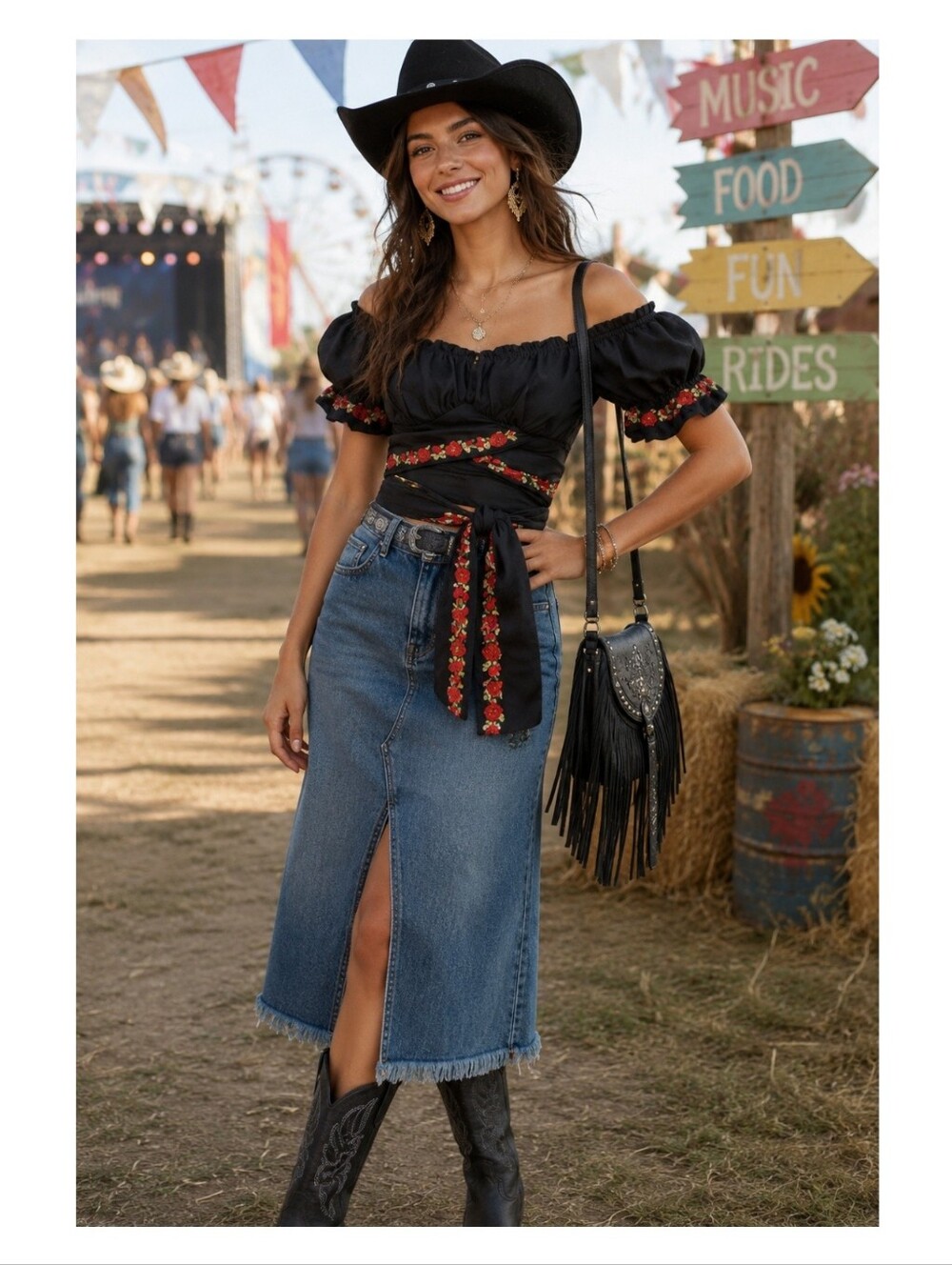 Herencia Collection S Black Off-Shoulder Lucero Wrap Crop Top Embroidered Roses